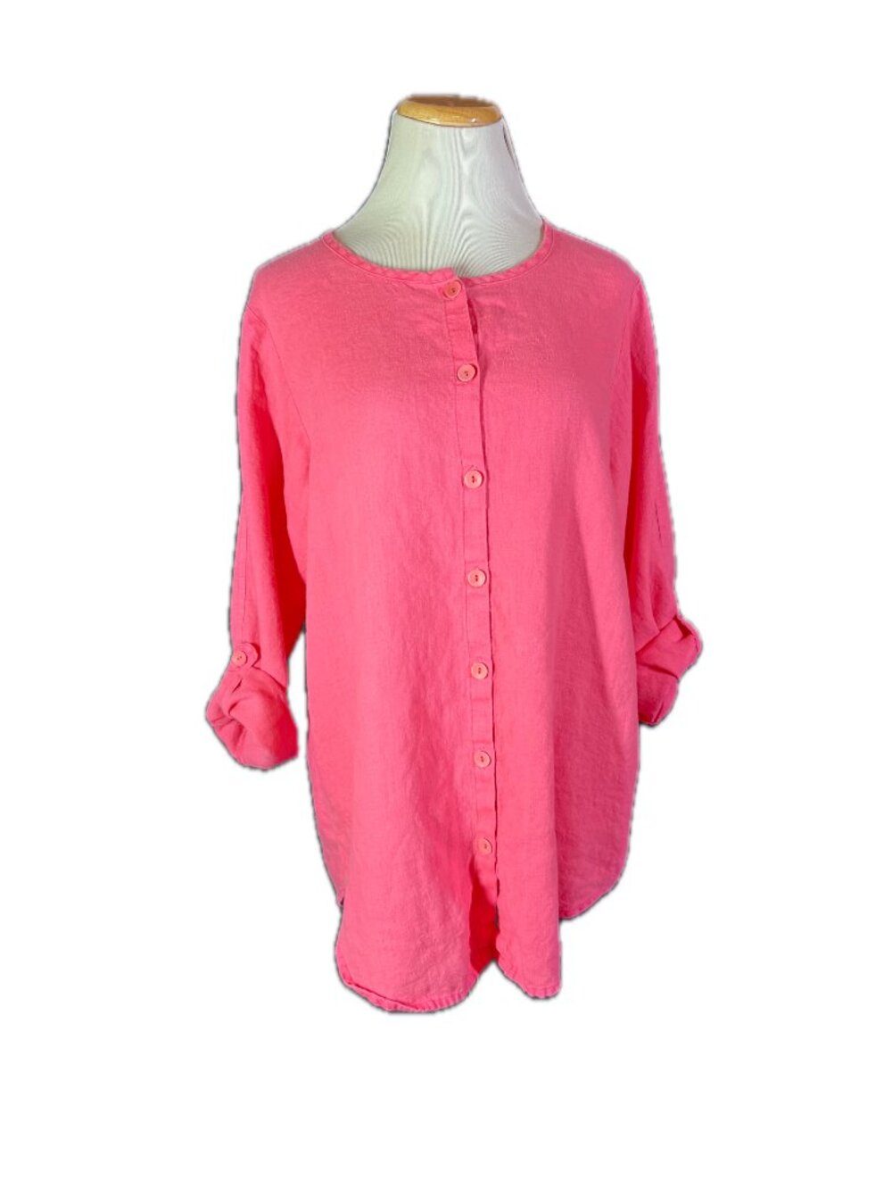 FLAX Size S Bright Pink Linen Long Sleeve Tunic Top Roll-Tab Sleeves